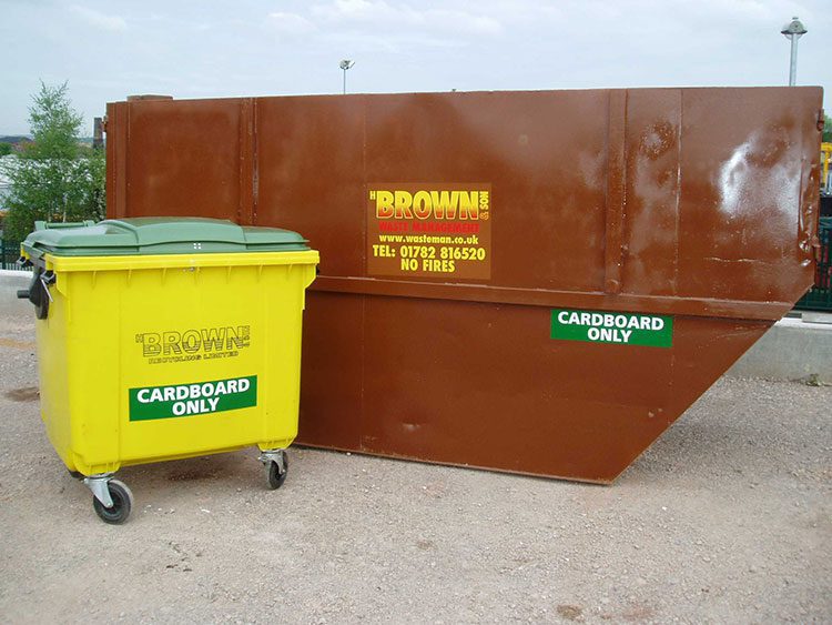 Brown Recycling wheelie bin and cardboard only skip