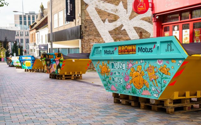 local community skip art exhibition - Brown recycling