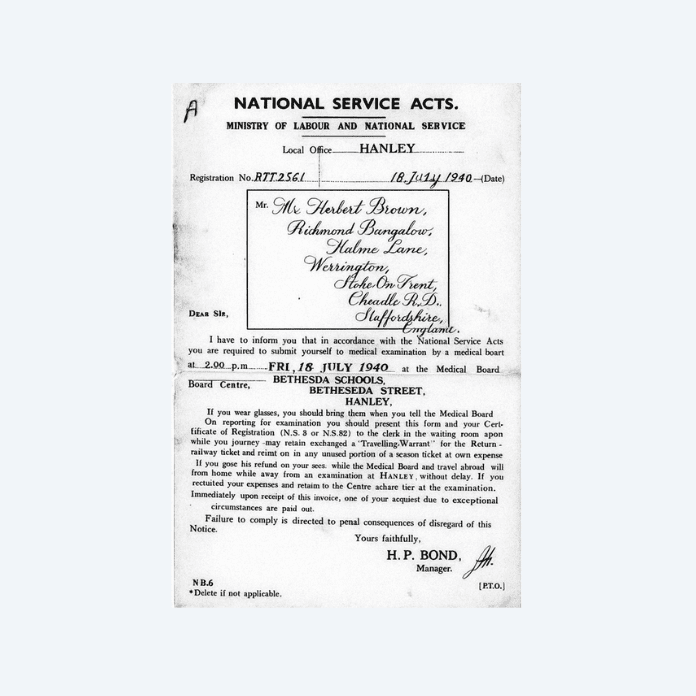 An extract from Herbert Brown’s National Service Act conscription draft, 1940.